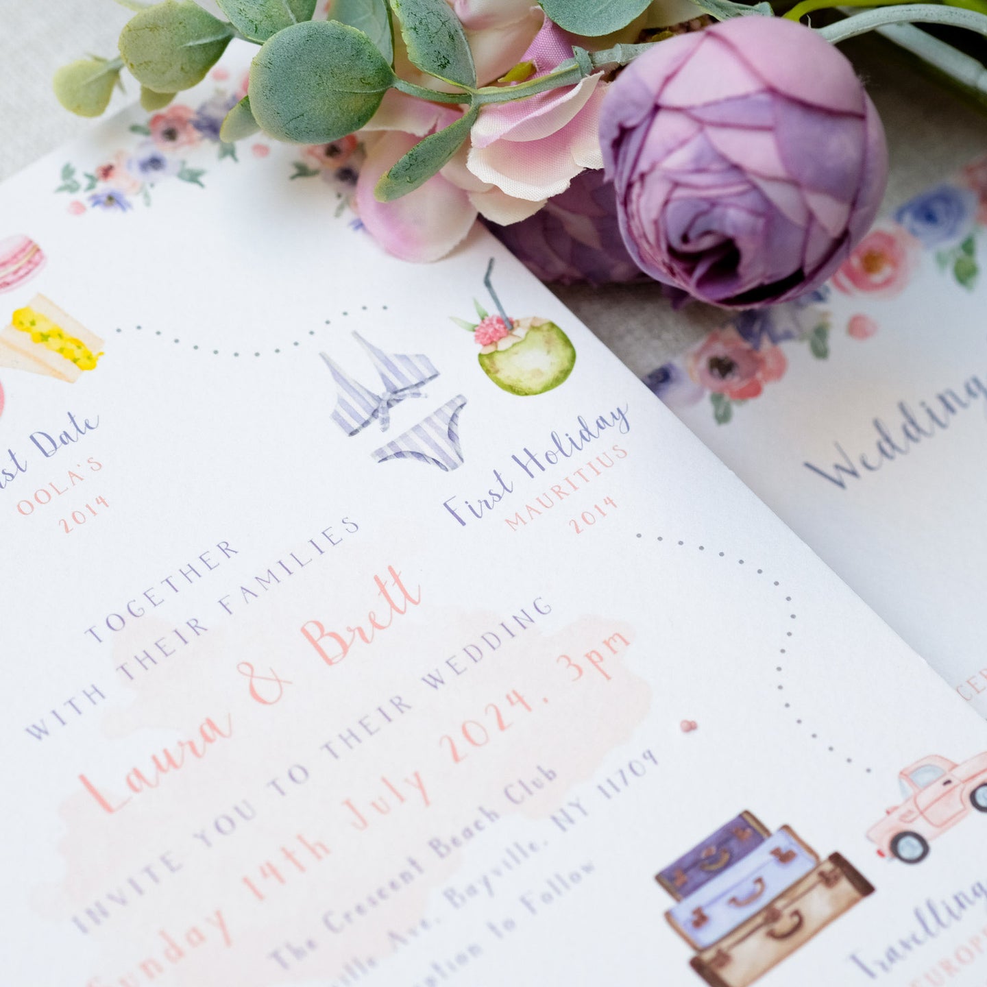 Bespoke wedding invitations with custom hand painted illustrations of important moments in your relationship, with wedding details card